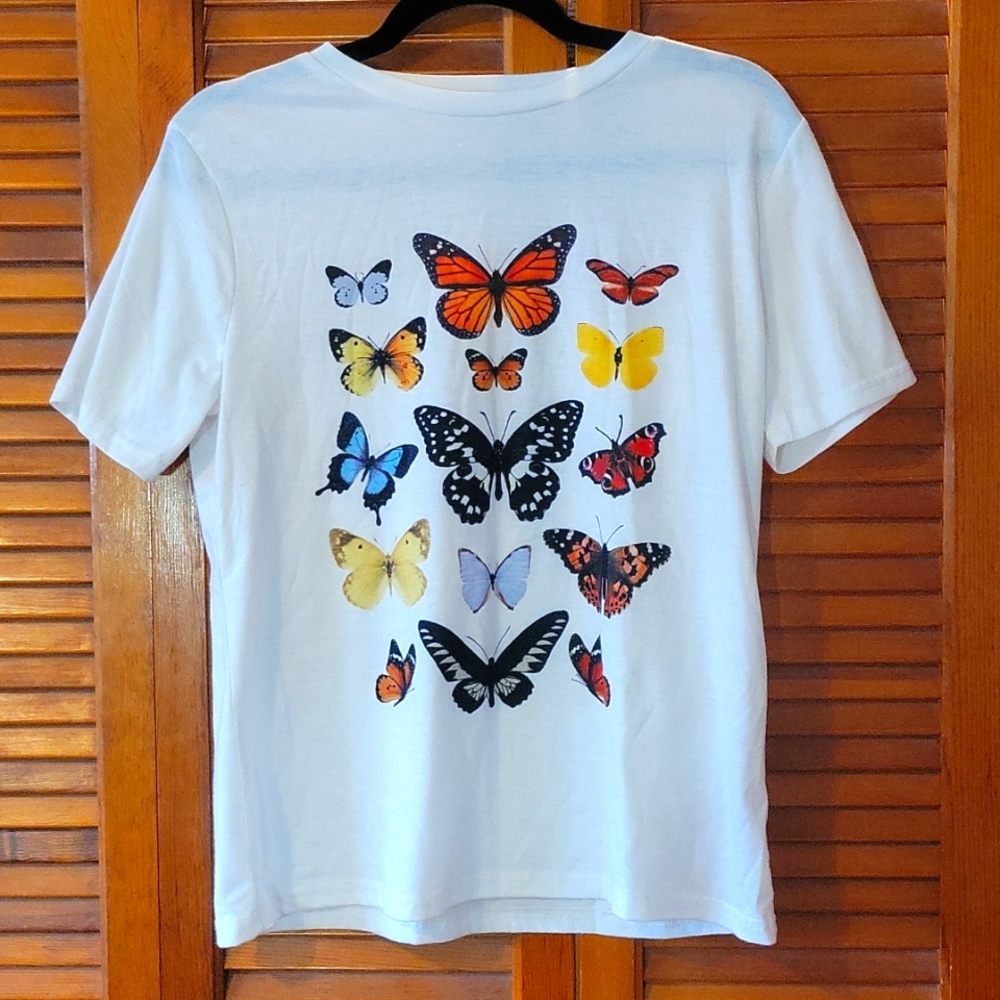Shein short sleeved shirt. Small. White. Multi colored butterflies.